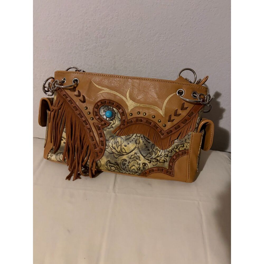 Western Tan & Brown Embossed Floral Shoulder Bag with Turquoise Stone